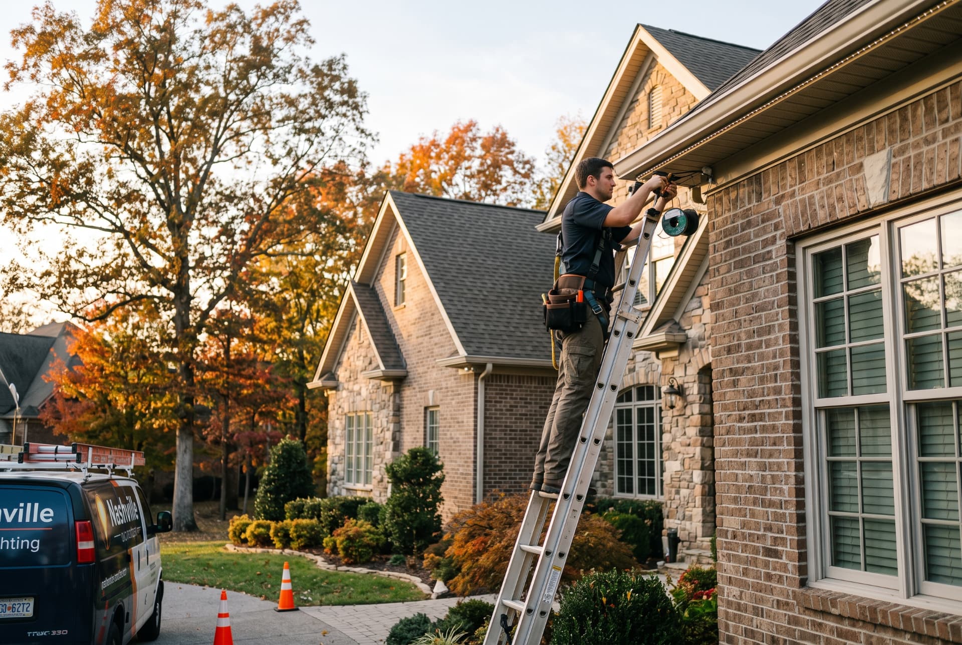 Nashville Outdoor Lighting installer working on a home