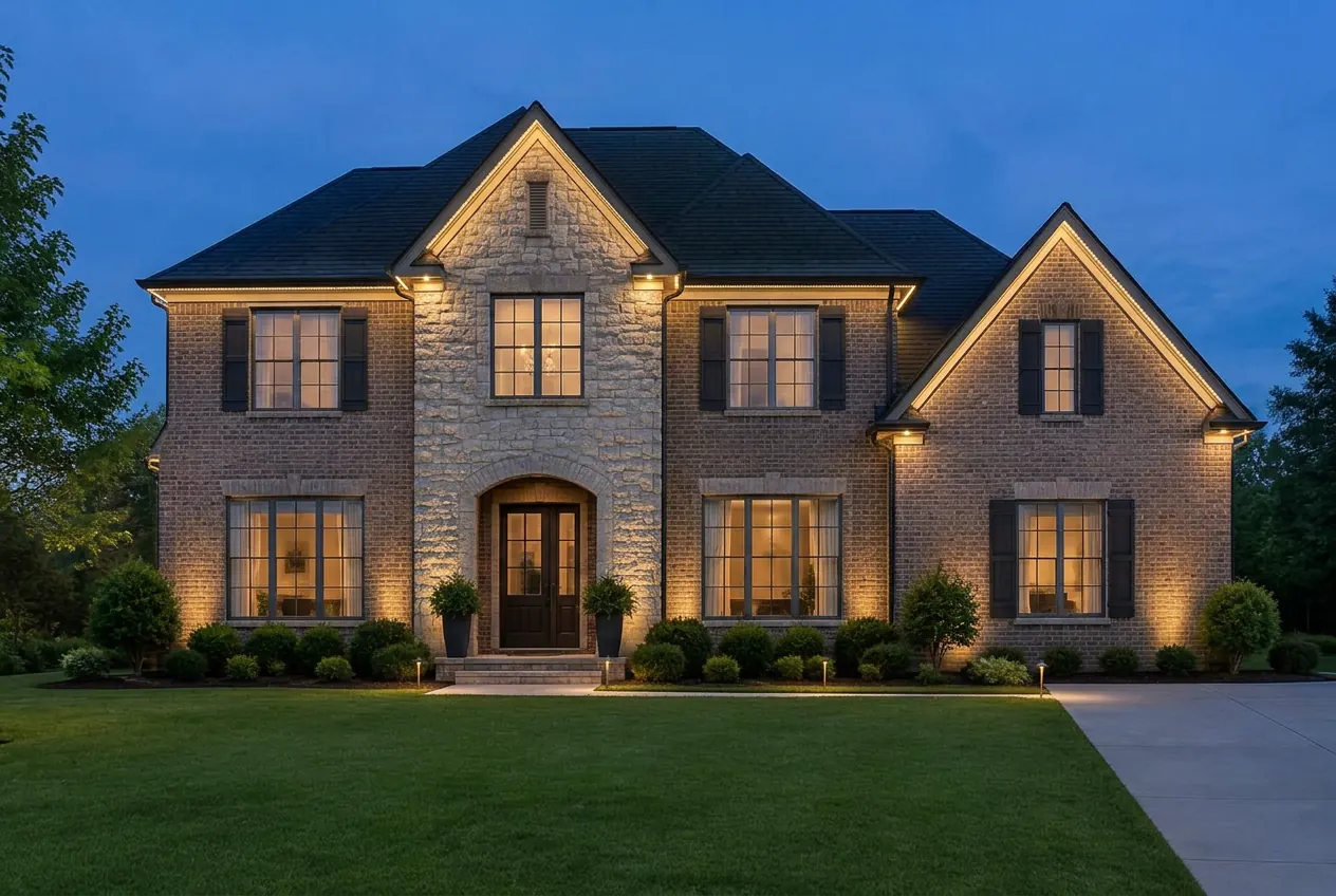 Same home with warm exterior lighting — illustrative concept